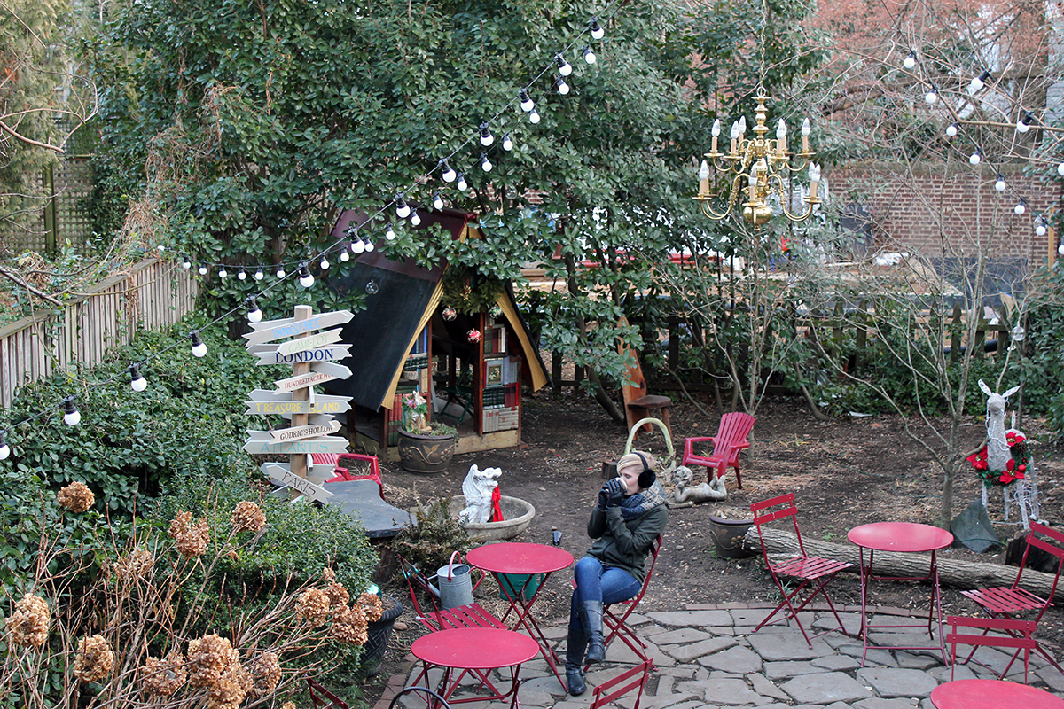 Drinking Coffee in the Garden of Old Fox Books in Annapolis, MD