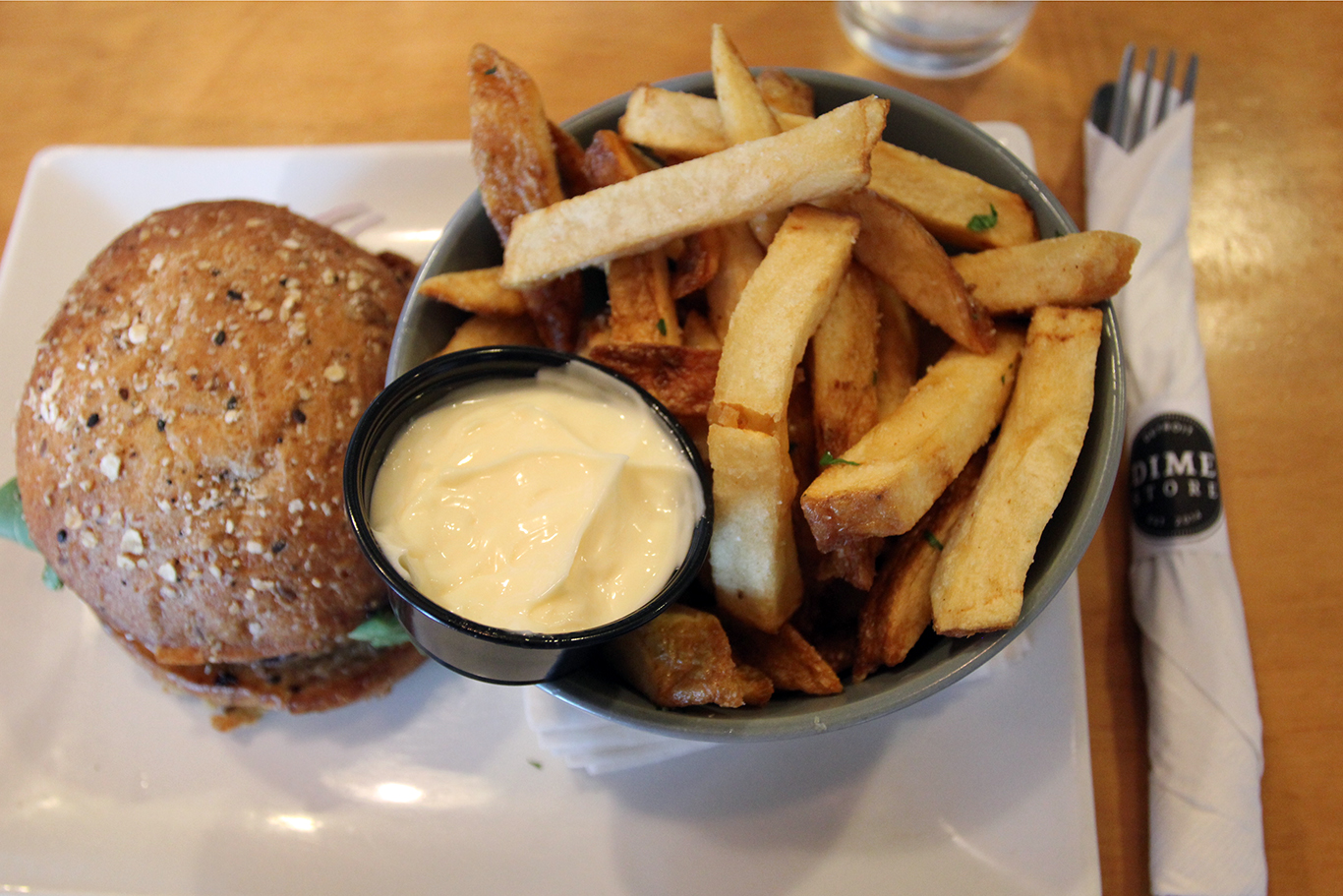 House-Made Veggie Burger & Fries with Truffle Mayo at Dime Store in Detroit, MI