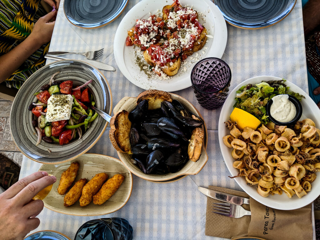 Fried Calamari, Salad & Mussels at Parea in Santorini