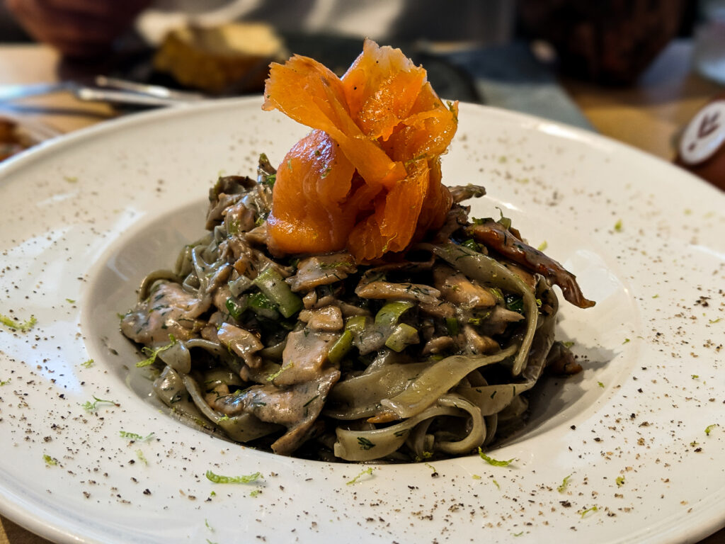 Salmon & Squid Ink Pasta at Mezedaki Perissa Beach Santorini