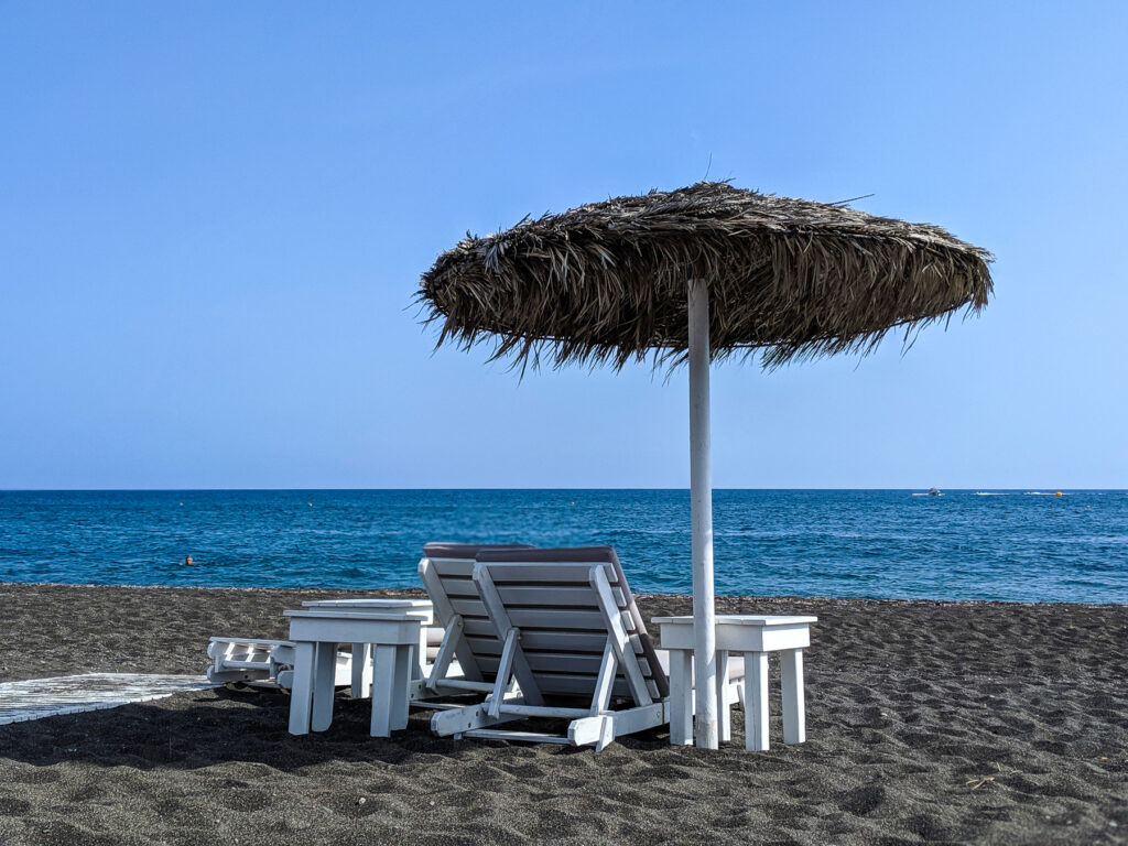 Volcanic Sand Perissa Beach Umbrella Aegean Sea Santorini