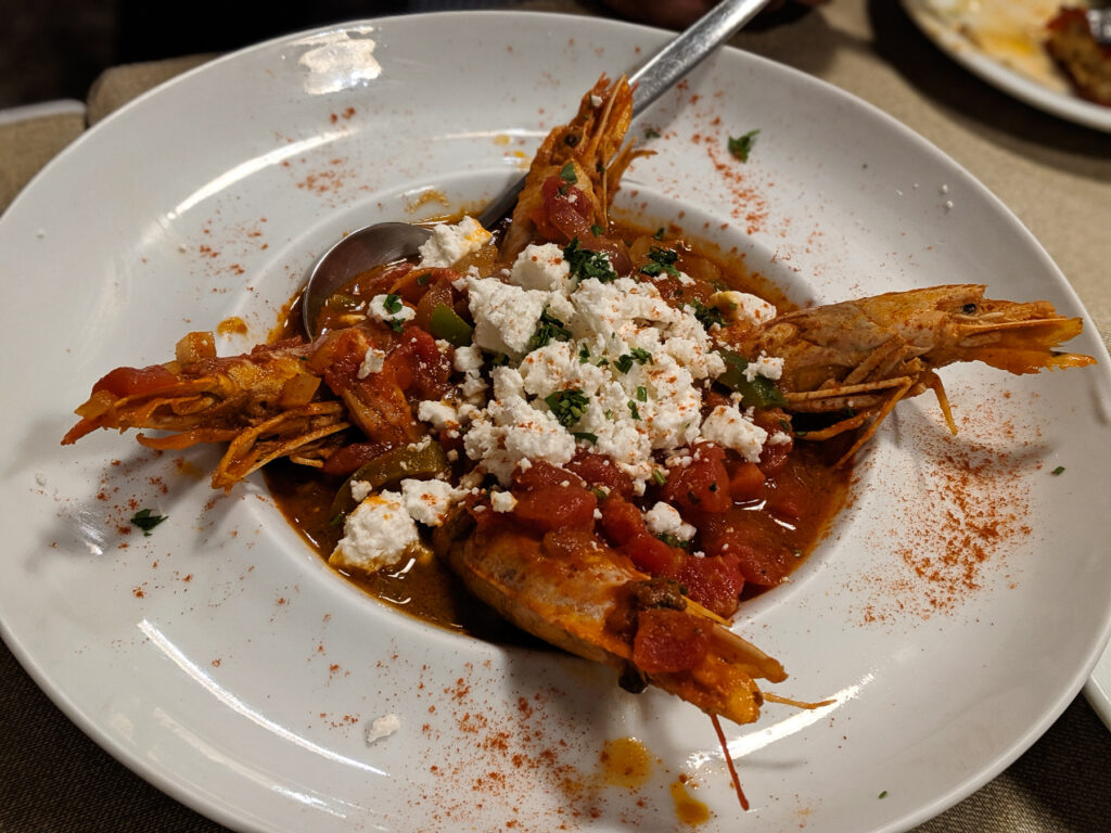 Shrimp Saganaki at Nikolas Restaurant Thera Santorini Greece