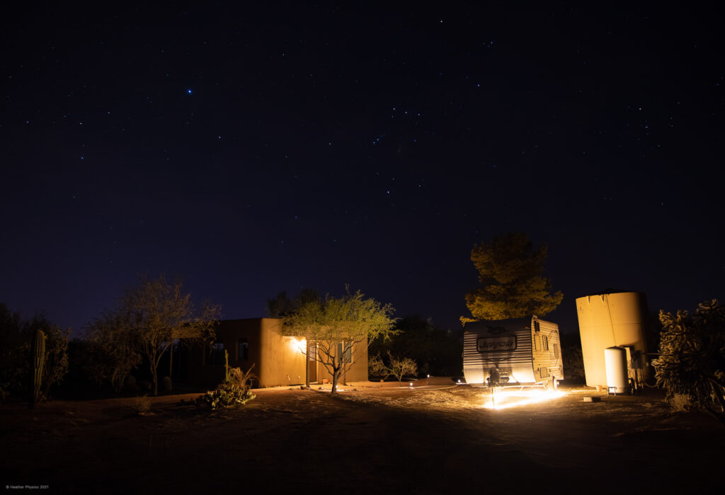 Adobe House & RV Glamping Trailer on a Starlit Night in the Sonoran Desert of Arizona