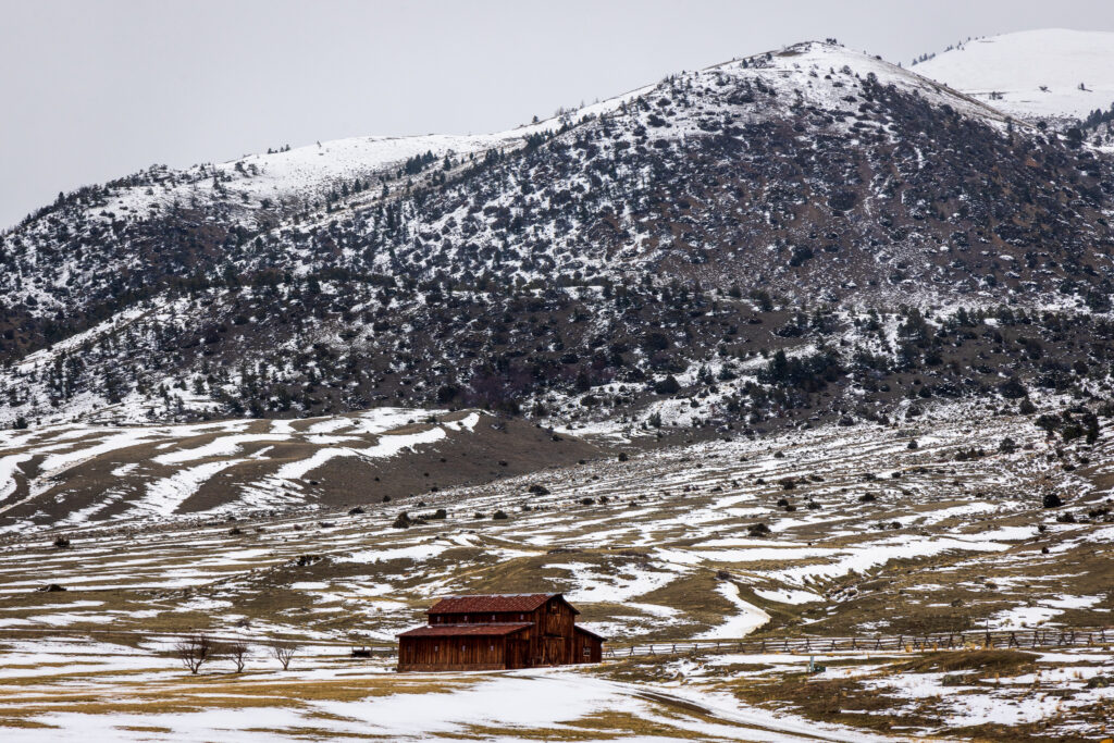 Red Barn in the Snow at Paradise Valley, Montana