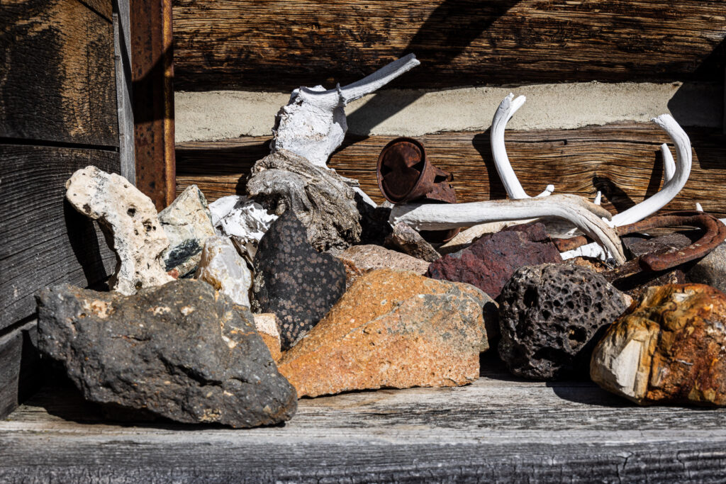 Collection of stones, antlers and other finds at a cabin in Pray, Montana at the foot of Emigrant Peak