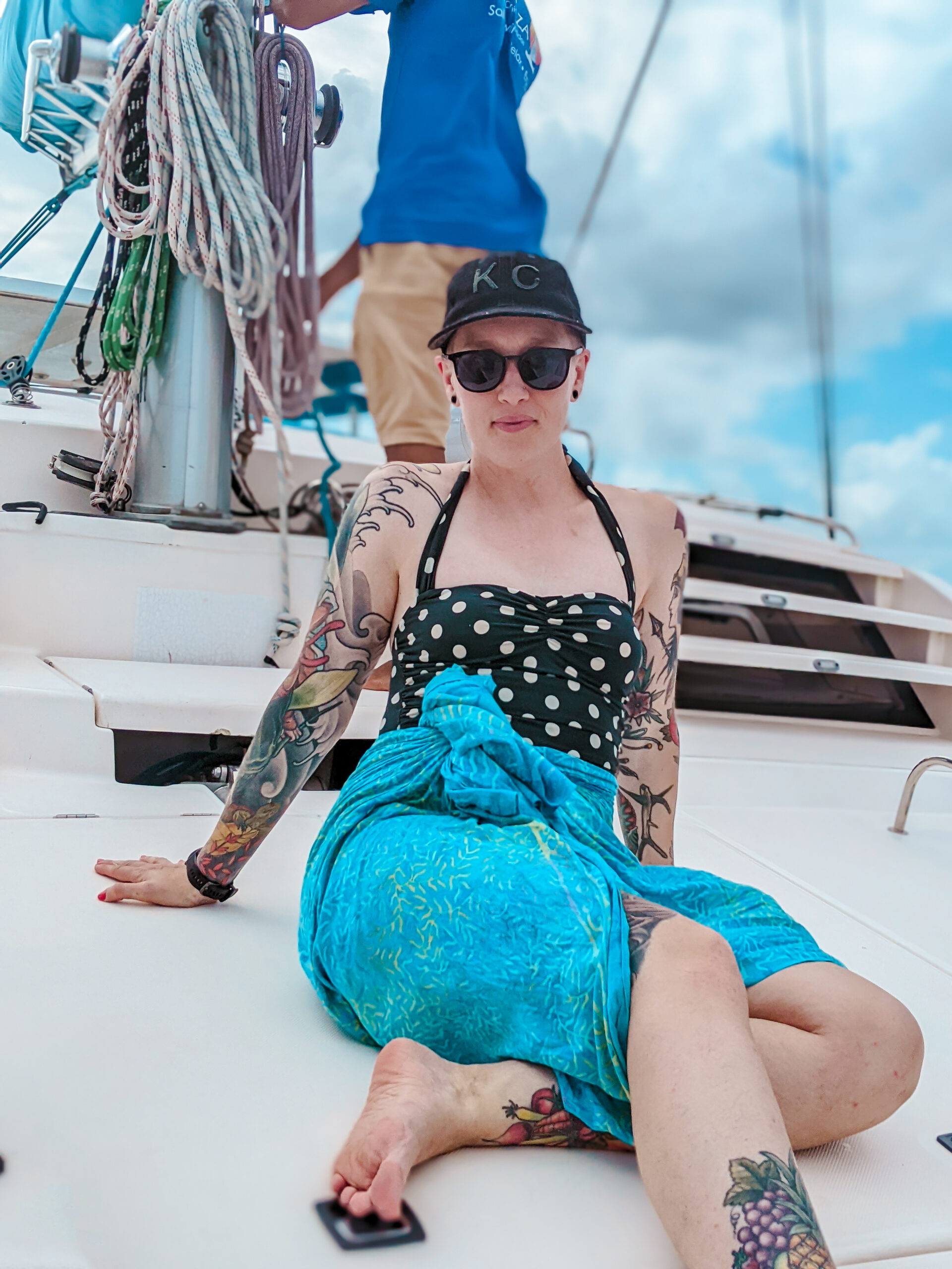 Heather Physioc, photographer and writer from KCTRVLR, on a catamaran cruise near the Caribbean ocean off the coast of Barbados