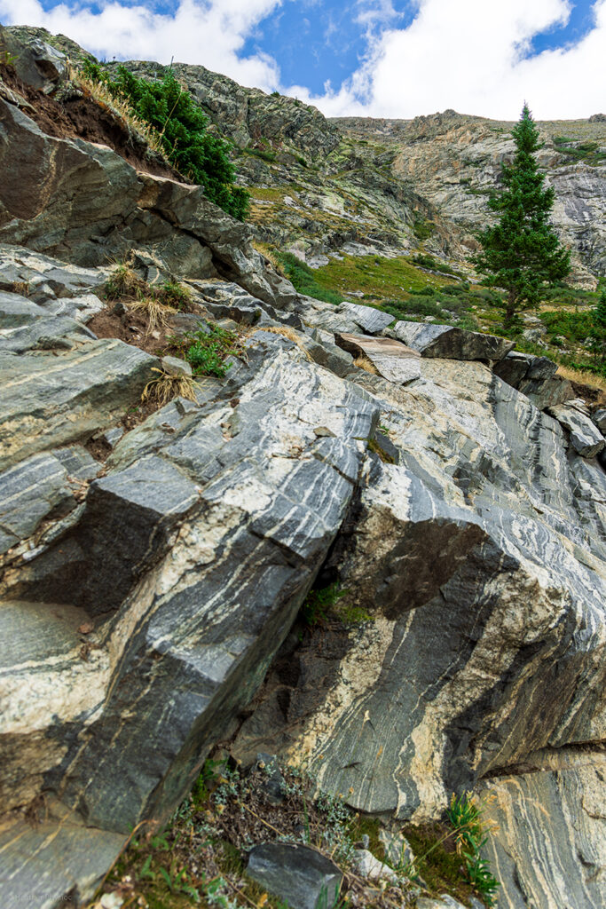 Sedimentary rock layers serve as leading lines to a small green patch in the Tenmile Range