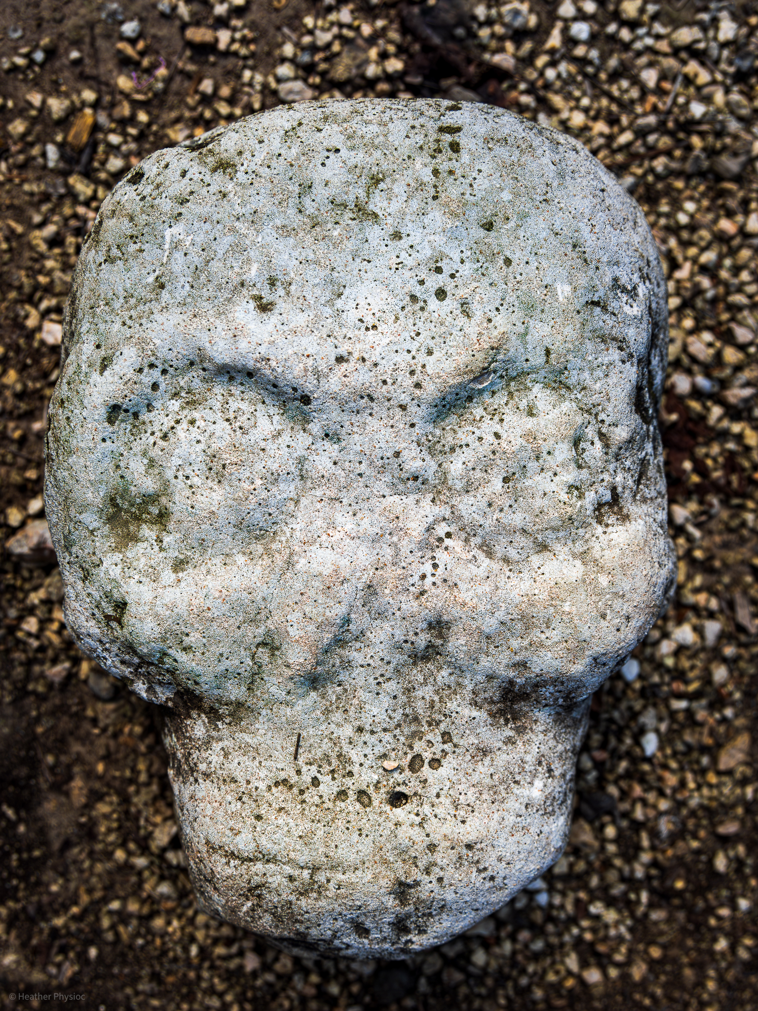 A weathered stone carving of a Mayan skull sits against a pebbled ground, symbolizing the ancient civilization's presence in Coba, Valladolid, within the Yucatan Peninsula of Mexico.