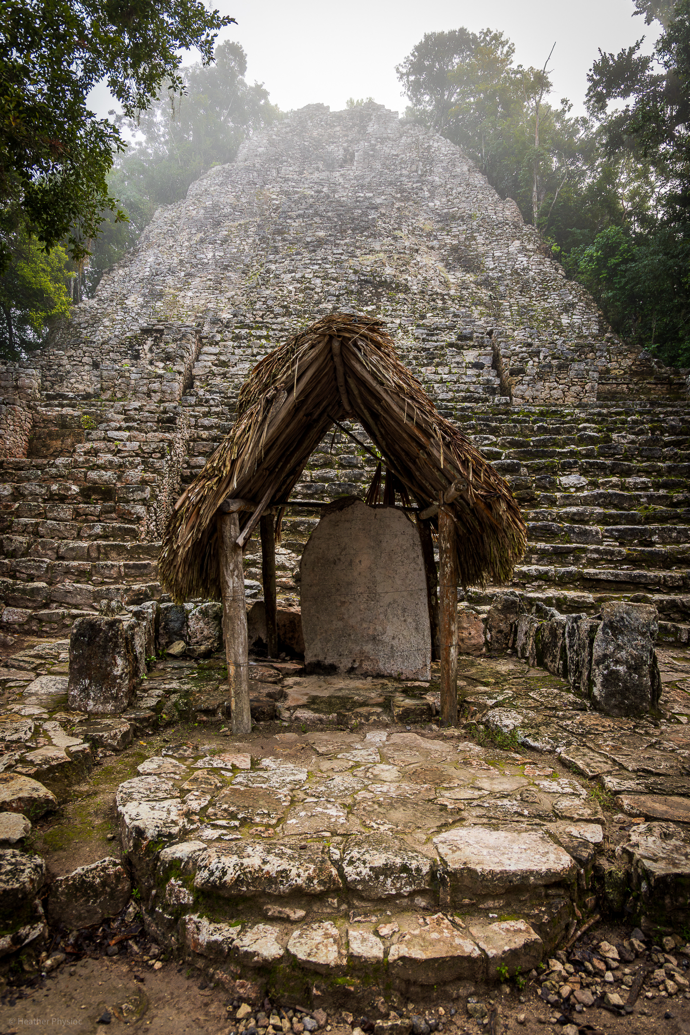 An ancient stone stele protected by a thatched palm roof at the base of the La Iglesia temple pyramid in Coba, Yucatan, Mexico. The pyramid, shrouded in a mystical fog, towers in the background, its vast stone steps ascending into the trees.