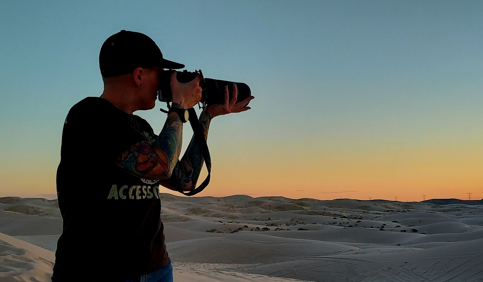 Photojournalist Heather Physioc shooting at sunset in the Chihuahua desert